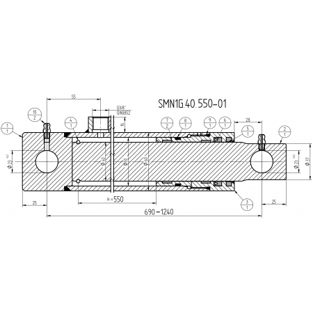 SIŁOWNIK CYLINDER HYDRAULICZNY TŁOK SKOK 550 SMN1G 40x550